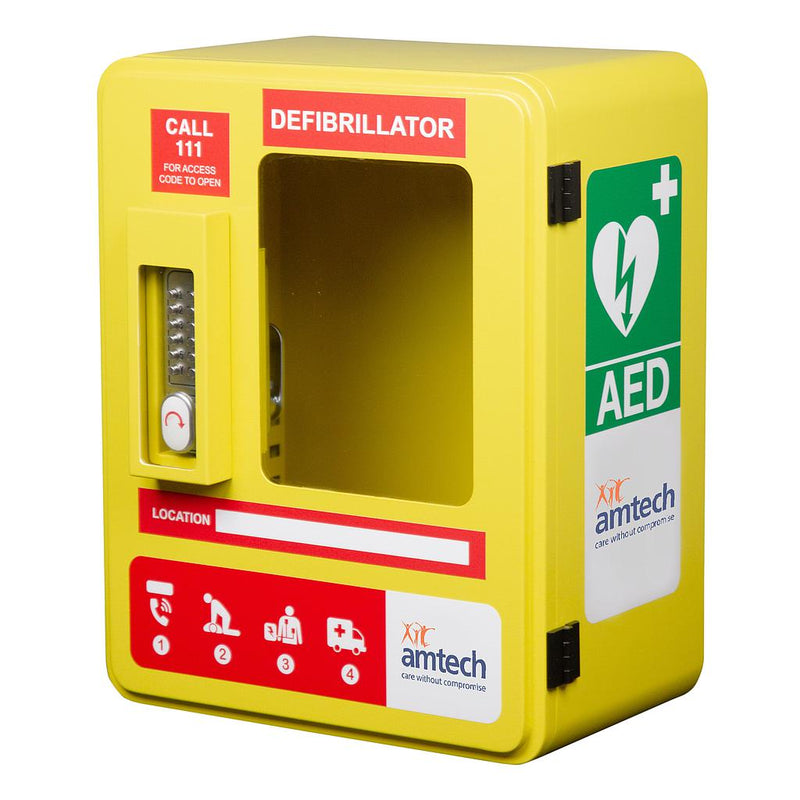 Defibrillator Cabinet Outdoor Lockable Alarmed with Pin Lock Yellow Labelled | PW523