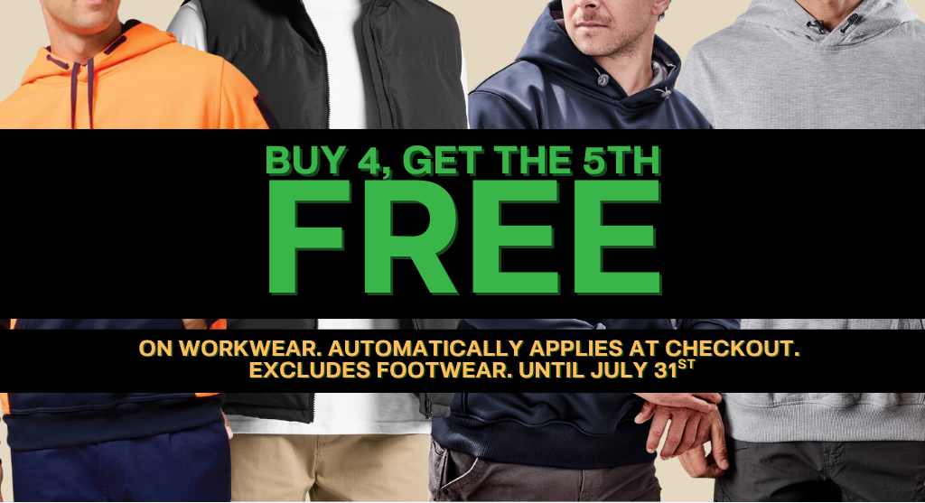 Promotional banner featuring four men wearing casual workwear and hoodies against a beige background, with a large black banner across the center reading 'BUY 4, GET THE 5TH FREE' in green and yellow text.