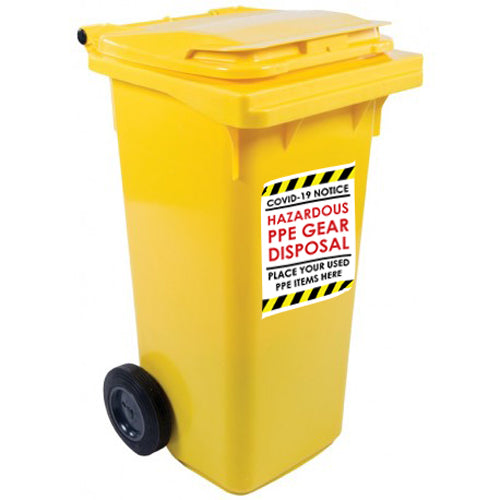 Wheelie Bin Yellow 120L with PPE hazard label